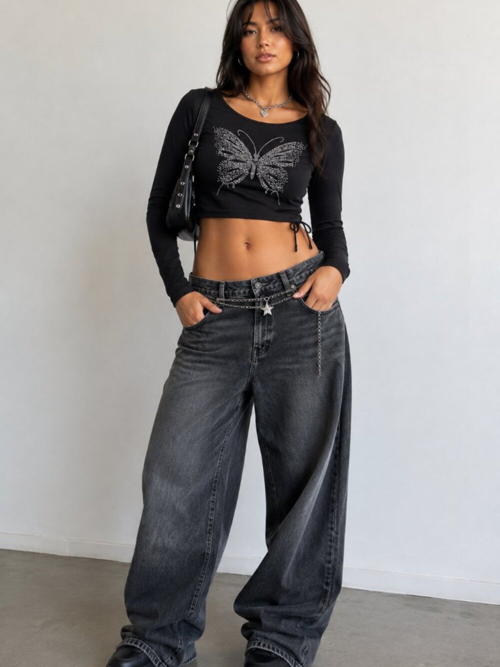 Homegirl Society Y2K Butterfly Rhinestone Crop Top Open Back Fairy Grunge L